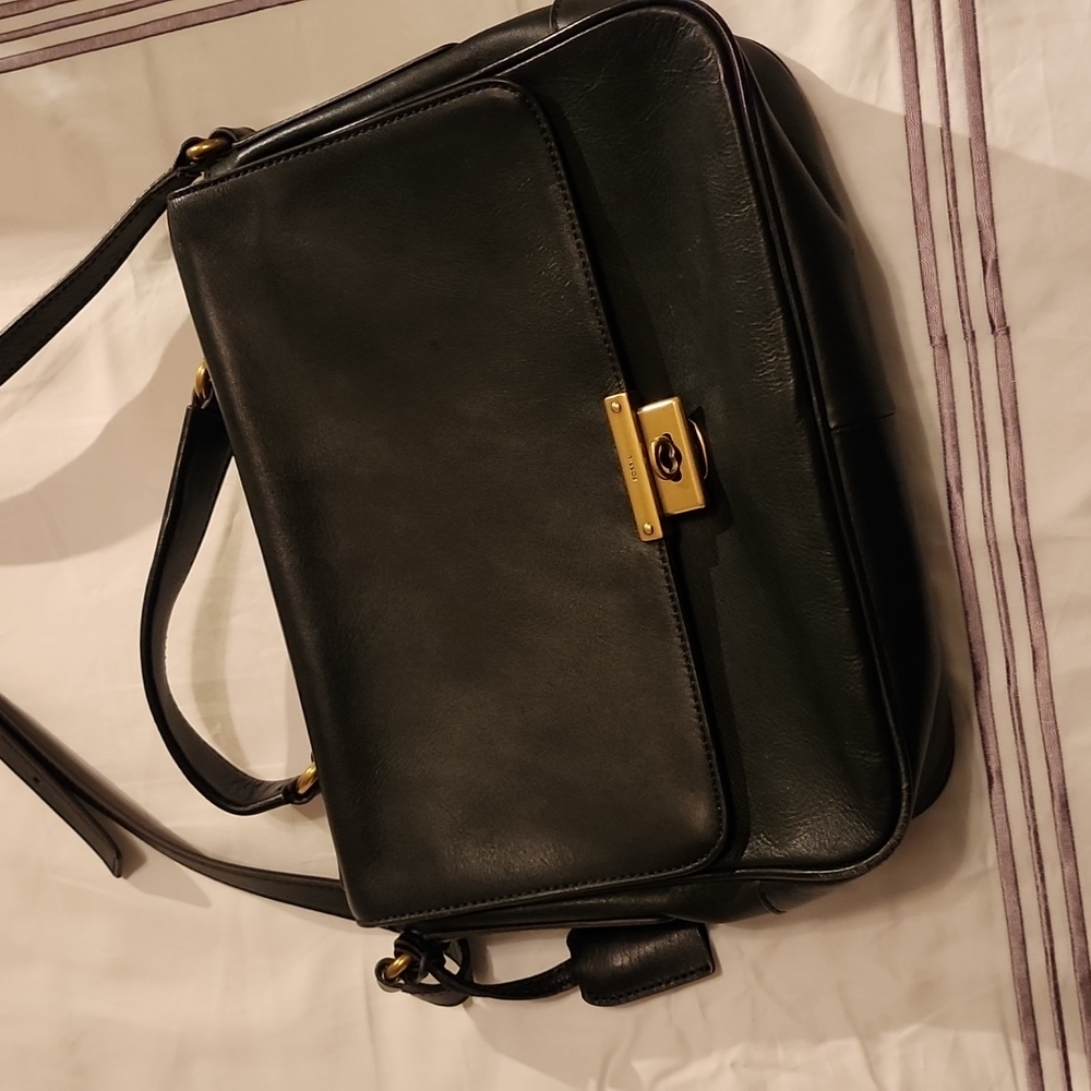 Fossil Black Leather Square Messenger Satchel